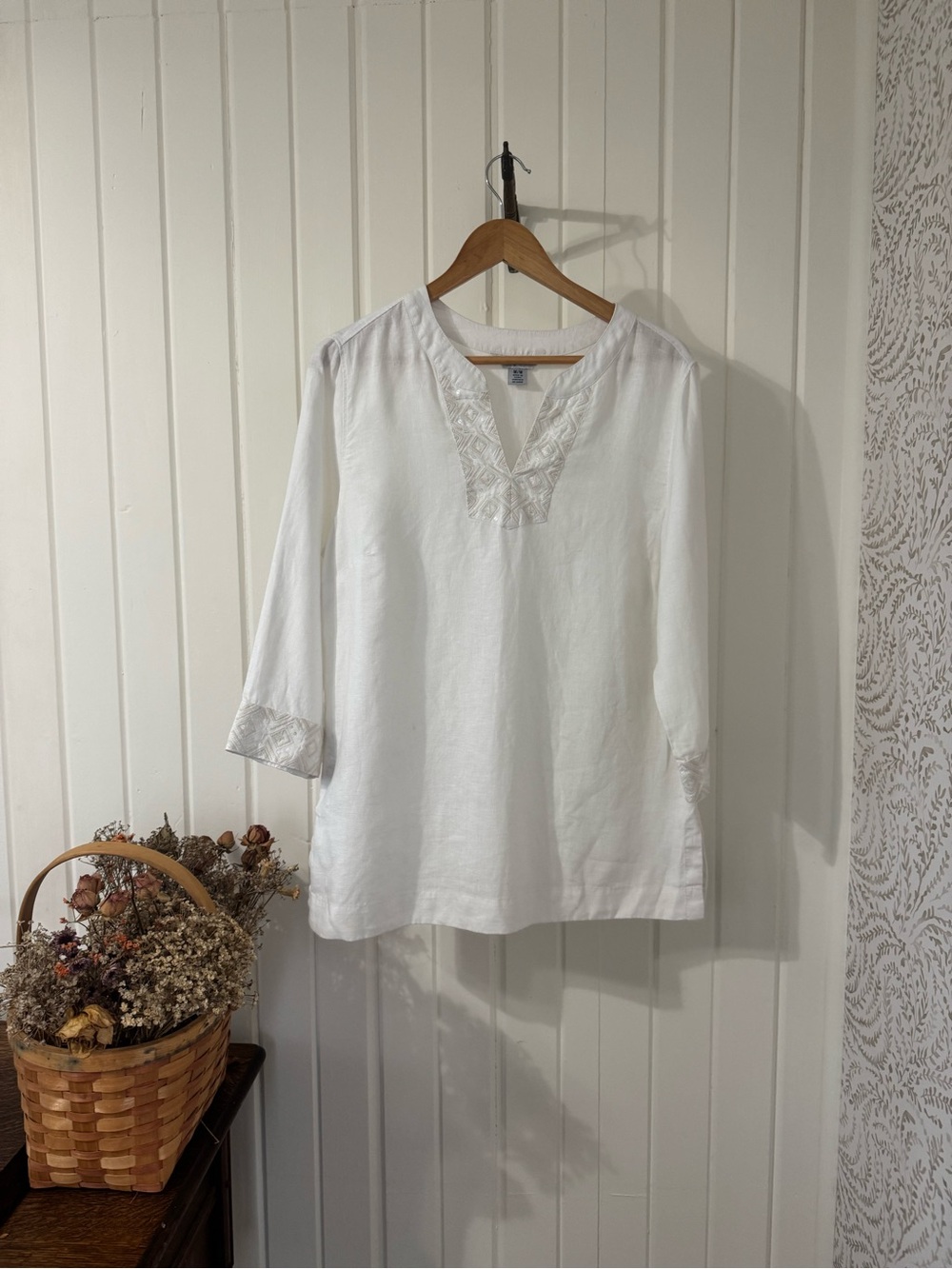 White 100% Linen Embroidered Boho Tunic Blouse